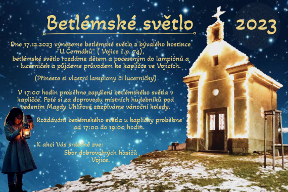 Rozdávání betlémského světla, lucerničko/lampionový průvod ke kampličce.